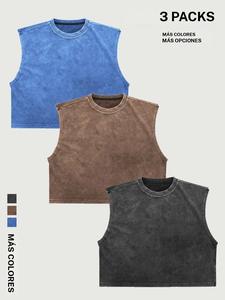 Camiseta sin mangas corta de color sólido lavable con etiqueta trasera para hombre, corte regular, casual y cómoda para uso diario, ropa de hombre para todas las estaciones