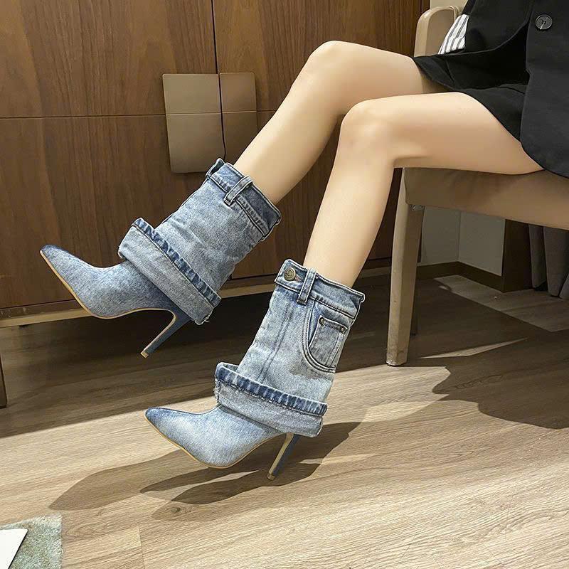 Boots cao gót dáng cổ lửng dạng xỏ chất liệu Denim thiết kế độc đáo cao 10 phân thời trang thời thượng