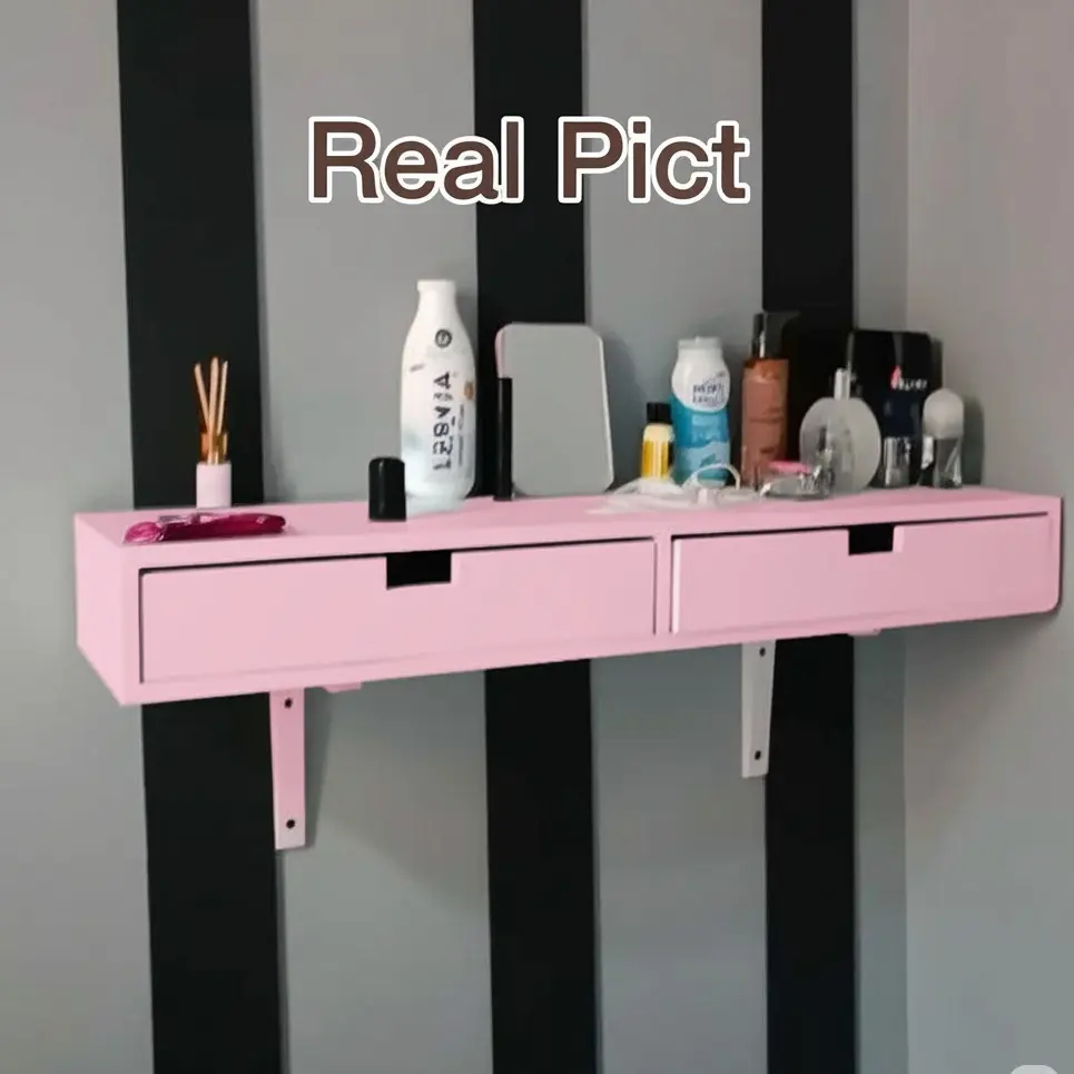 Meja Kosmetik Dinding 80x20cm Warna Pink dengan 2 Laci Penyimpanan