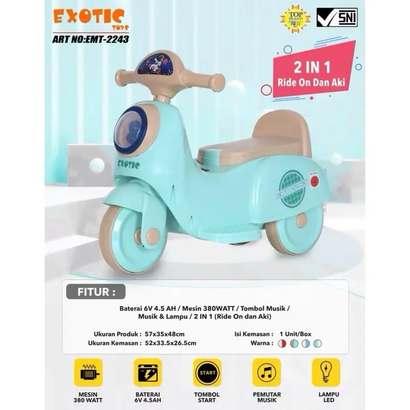 RECHARGEABLE MOTORCYCLE MAINAN MOTOR AKI VESPA ANAK AKI DAN MANUAL EMT 2243 2in1 NEW PRODUCT EMT2243 3