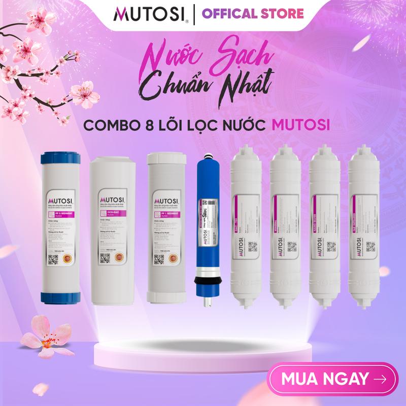 Combo 8 lõi lọc nước Mutosi  hệ lõi thô thường :Lõi lọc thô số 1 2 3; Màng RO 100GPD Lõi chức năng T33 GAC Khoáng đá Hồng ngoại xa Nano bạc- Dùng cho hầu hết máy lọc nước RO 
