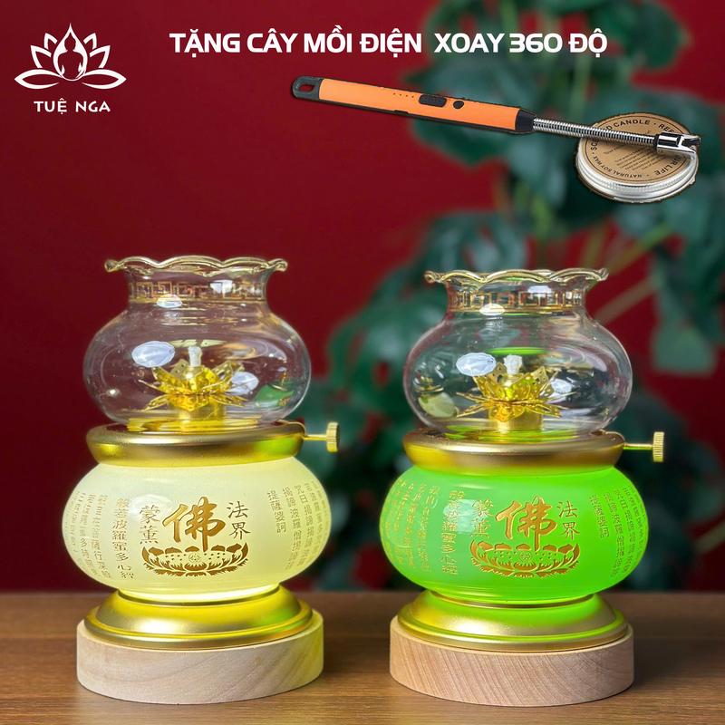    TẶNG CHÂM ĐÈN   Đèn Dầu Tâm Kinh Chữ Phật Bình Ngọc Cao 15cm - Tuệ Nga 