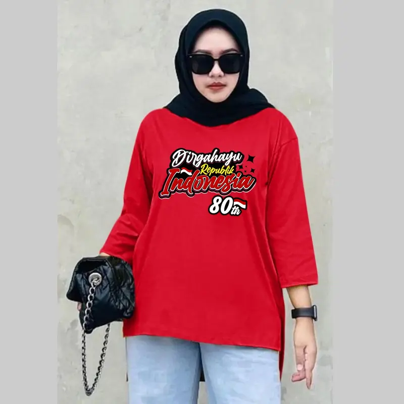 Atasan Oversize Kemerdekaan NKRI Lengan 7/8 / Atasan HUT RI 80 th 2025/ Kaos Seragam Agustusan Kekinian Murah Wanita Baju 0