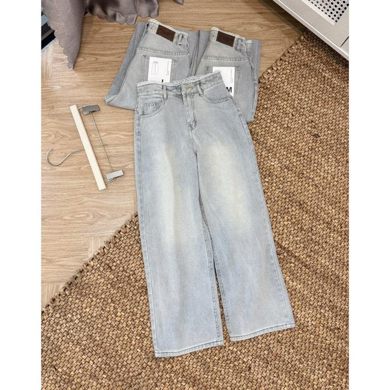 [Q973] Quần jean nữ dáng suông ống rộng lưng phối ren màu sáng 95cm Lin Boutique