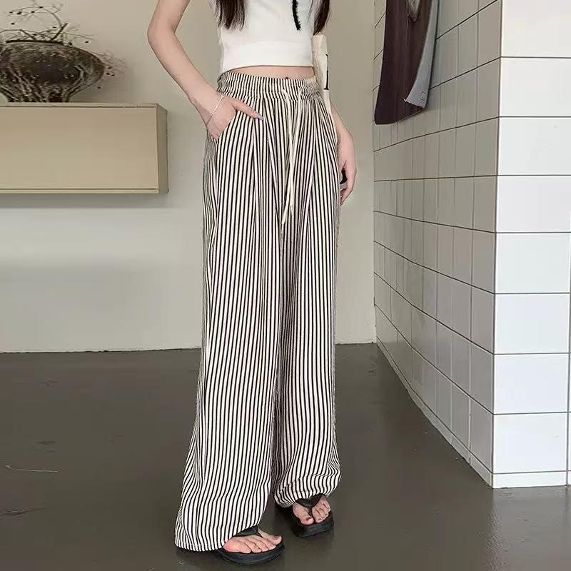 Quần Ống Rộng, Sọc, Siêu Mềm, Phong Cách, Chất Liệu Xốp, Cạp Cao, Quần Nữ, Eo Co Giãn, Dáng Rộng Vừa Vặn, Sọc Đen quần  quần rộng ống suông kẻ sọc rộng suông nữ mùa hè quần tây ống suông bò quần kaki caro kẻ sọc đũi ống suông nữ capris quần  đũi  ống  rộn 1