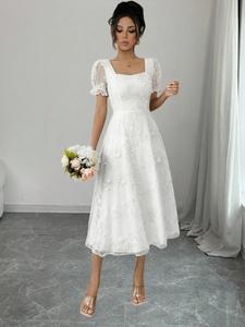 Vestido elegante para mujer, color sólido con bordado en malla y mangas cortas, ropa estilosa para dama, perfecto para ocasiones especiales