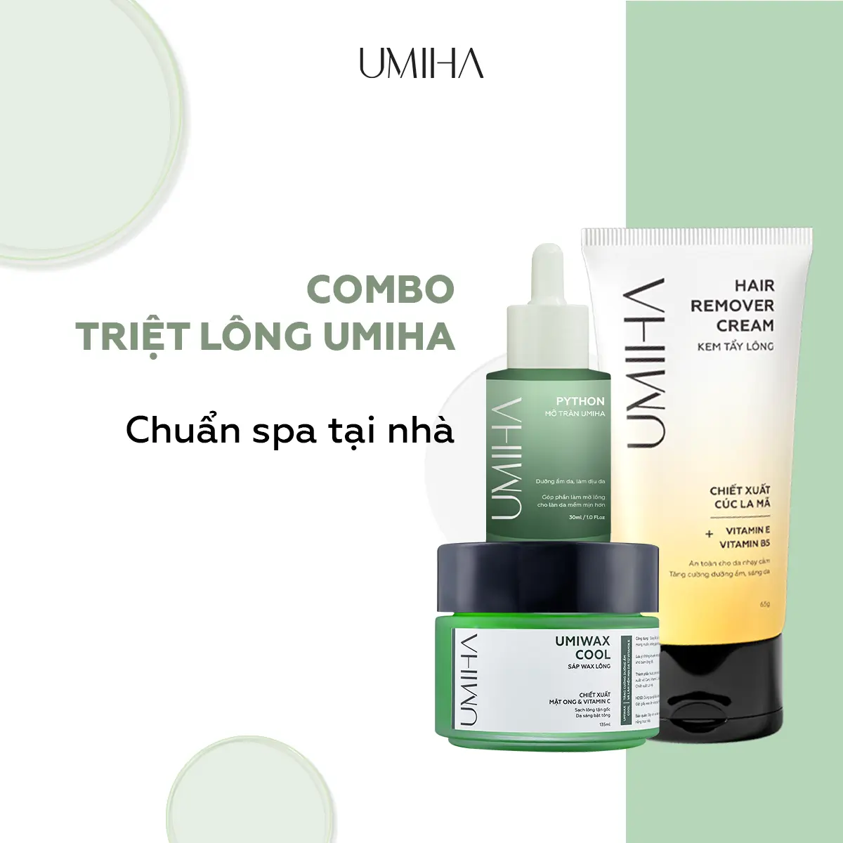 Bộ sản phẩm triệt lông tại nhà chuẩn spa UMIHA gồm Kem tẩy lông 65g, Mỡ trăn, Sáp wax lông, tiện lợi, dễ dàng sử dụng