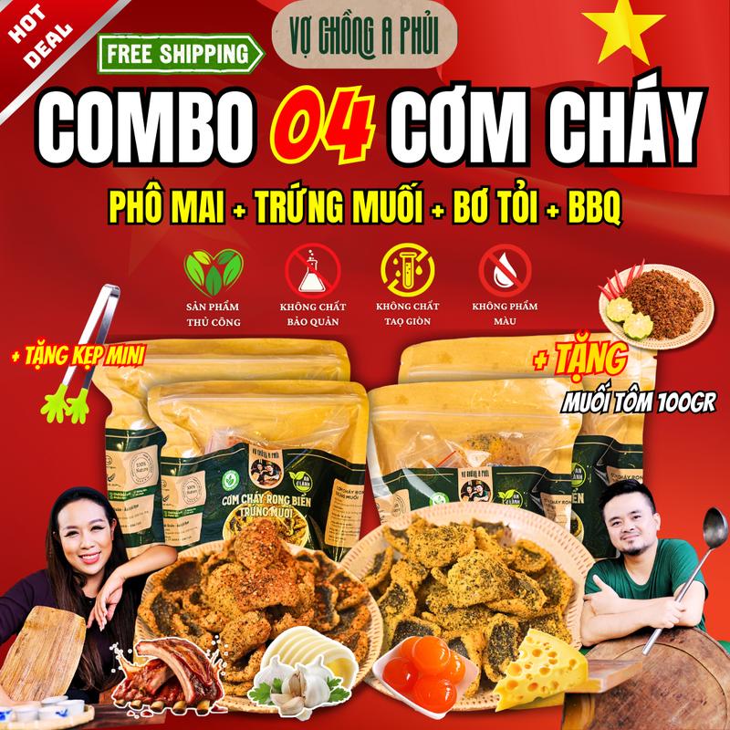 Tặng Kẹp Gắp Mini Combo Cơm Cháy 4 Vị Hấp Dẫn 220gr – Tặng Kèm Muối Tôm 100gr - Vợ Chồng A Phủi - Ăn Vặt Healthy- Gạo Tám Thơm & Rong Biển Tươi An Vị Tốt Mon Ngon Moinha gói khô đồ ăn vặt ngon black friday