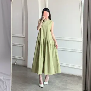 (Posy) Long Dress Stacy Sleeveless Bahan Katun Oxford & Twill Gaun Kasual Tanpa Lengan Basic