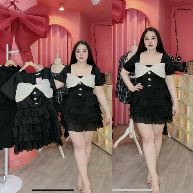 60-90KG ĐẦM THIẾT KẾ CỔ VUÔNG Tơ Tầng 3 Charm  ĐÁ SEXY BIGSIZE VƯƠNG NGỌC HÂN Nữ Dress Women Đen
