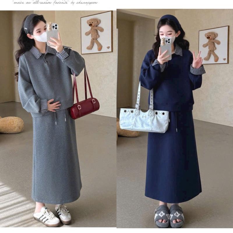  V258 - Set Váy Bầu Thiết Kế Chân Váy Phối Áo Cổ Sơ Mi Thanh Lịch Thời Trang Bầu Thu Đông - Chất Mì Mềm Co giãn - 2 màu 