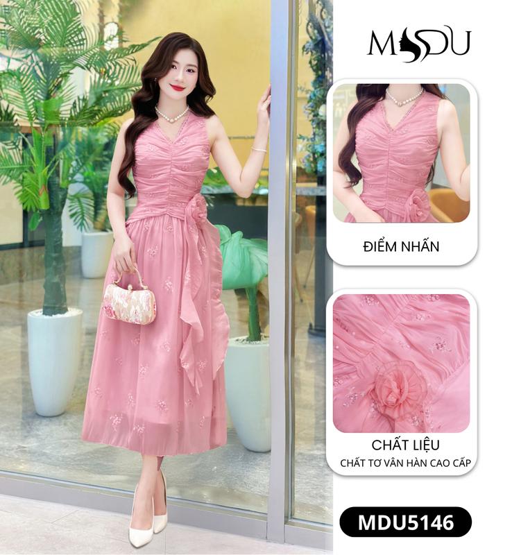   MIỄN SHIP  MDU5146 Váy Tơ Vân Hàn Cao Cấp - Dáng Váy Midi Xòe Nhẹ Cùng Điểm Nhấn Hoa Vải Đính Eo 