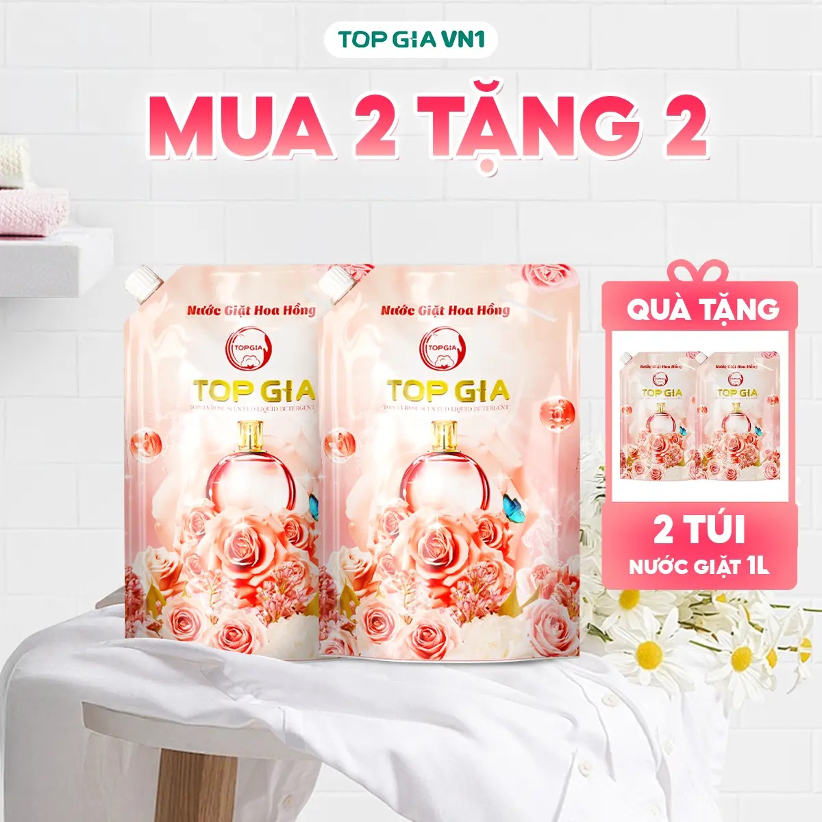 [Mua 2 Tặng 2 TOPGIAVN1] Nước Giặt Hoa Hồng TOPGIA, Tổng 4L, Hương Hoa Hồng, Kháng Khuẩn, Hương Thơm Lâu Dài, Chiết Xuất Hoa Hồng Kéo Dài Đến 72 Giờ, Thích Hợp Cho Giặt Tay Và Máy Giặt.