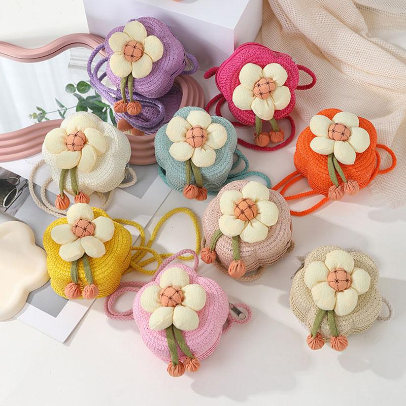 Túi Rơm Dệt Hình Hoa Mini Dễ Thương Thích Hợp Cho Mùa Hè Túi Đeo Chéo ví đựng tiền Xu