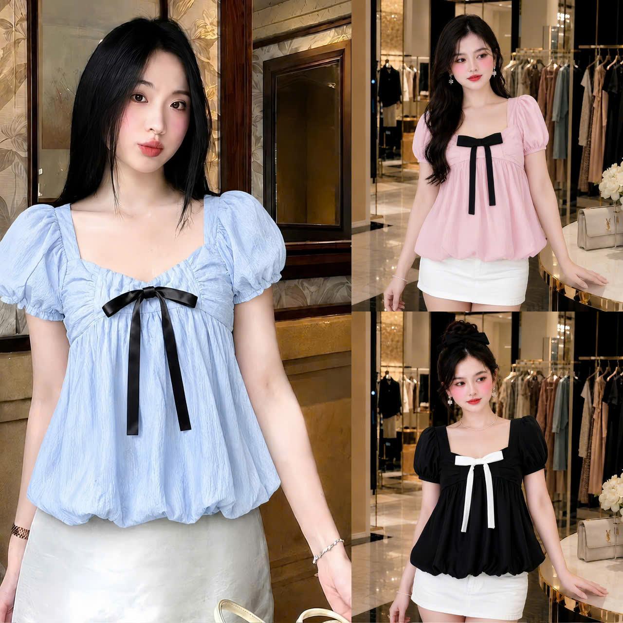 Áo Kiểu Babydoll Nữ Phối Nơ Tay Bồng 2 Lớp, Áo Form Rộng Che Dáng Có Bigsize 50-90kg Thời Trang Nữ Béo Xinh Shop - A.1858