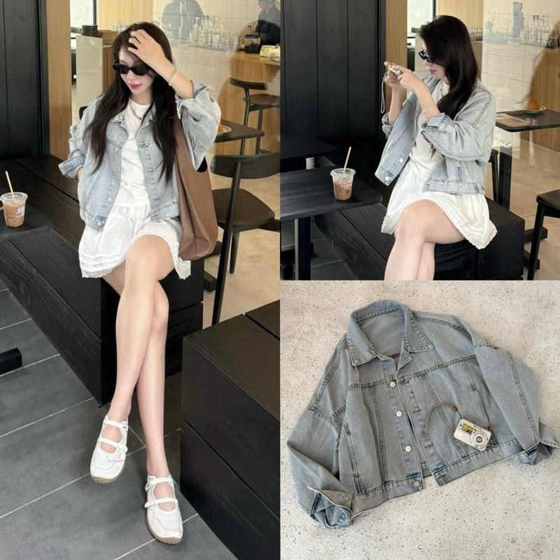ẢNH OLDSCHOOL Áo khoác jeans nữ dáng croptop túi xẻ MÀU XANH BẠC VINTAGE A8038