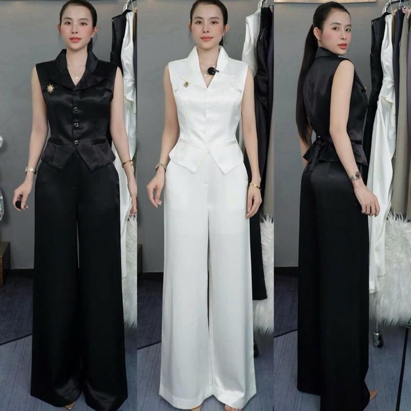  T840- Set bộ lụa áo gile tay hến cổ vest dây rút sau lưng quần ống rộng lưng cao Mộc She 
