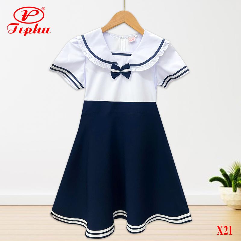 Đầm liền đồng phục cho bé gái đi học, tùng xếp ly và tùng xéo, có dây thắt lưng và khóa kéo