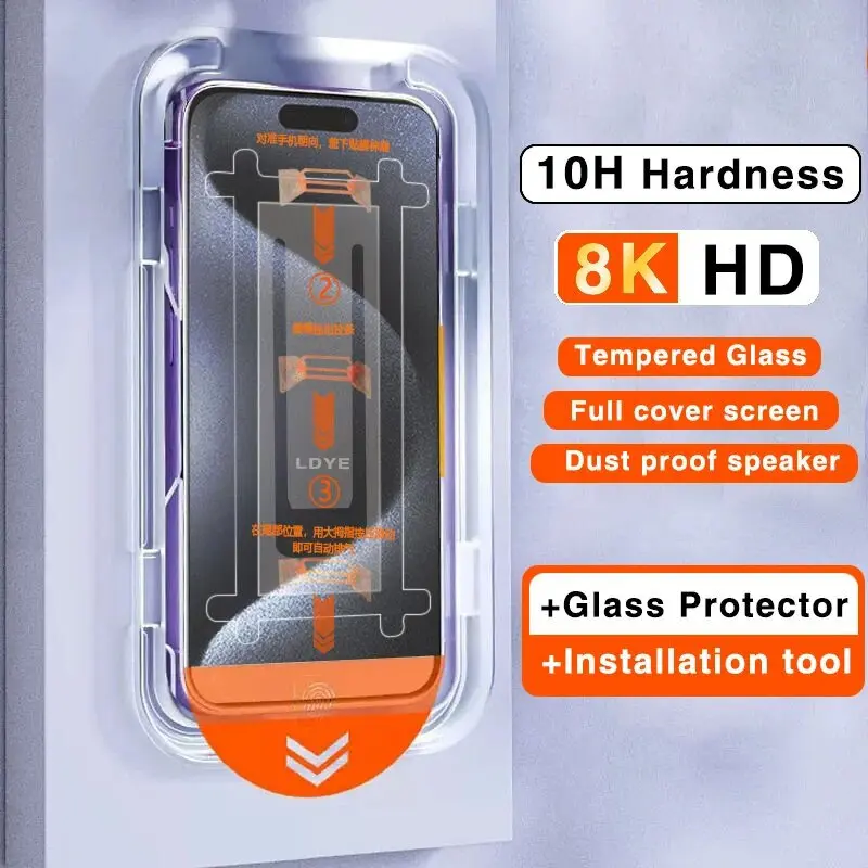 Full Screen Protector With Easy Install Kit 8K High End Tempered Glass For iPhone 16 15 14 13 12 11 Pro Max XS MAX 15 Plus Screen Protector With Alignment Mounting Cover