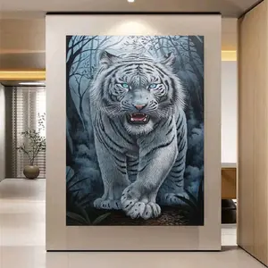 lukisan tangan harimau putih hiasan dinding aesthetic modern Kayu Frame