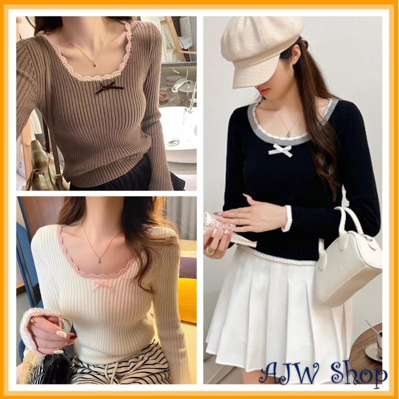 AJW [RBP] Atasan Wanita Renda Kriwil Variasi Pita Knit Premium | Atasan Wanita Kekinian Variasi Pita Renda Kriwil Kekinian | Baju Wanita Renda Kriwil Variasi Pita Knit Premium 1