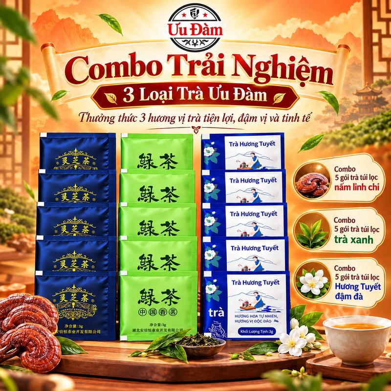 Combo 3 Loại Trà Ưu Đàm 15 Gói 45g – Trà Hương Tuyết Đậm Đà, Trà Xanh Thanh Mát, Trà Nấm Linh Chi Dưỡng Sinh Túi Lọc Pha Uống Và Nấu Ăn