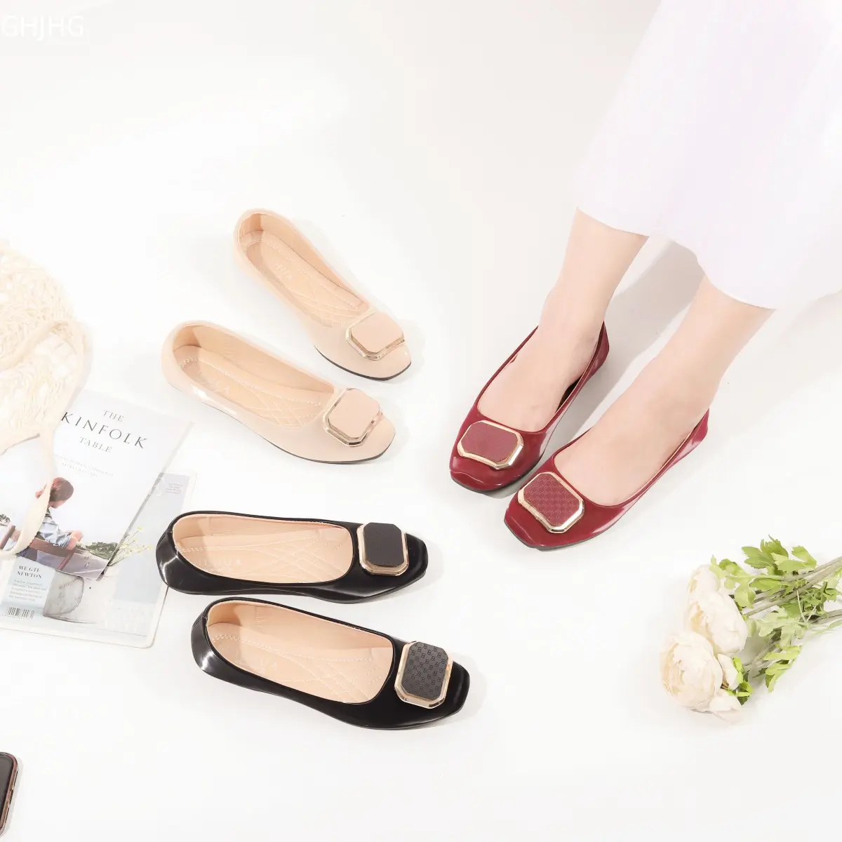 JIEHUA Jessie Sepatu rata kerja,  lebar,  wanita dengan selesai licin Flat Shoes BHL 8 Hitam