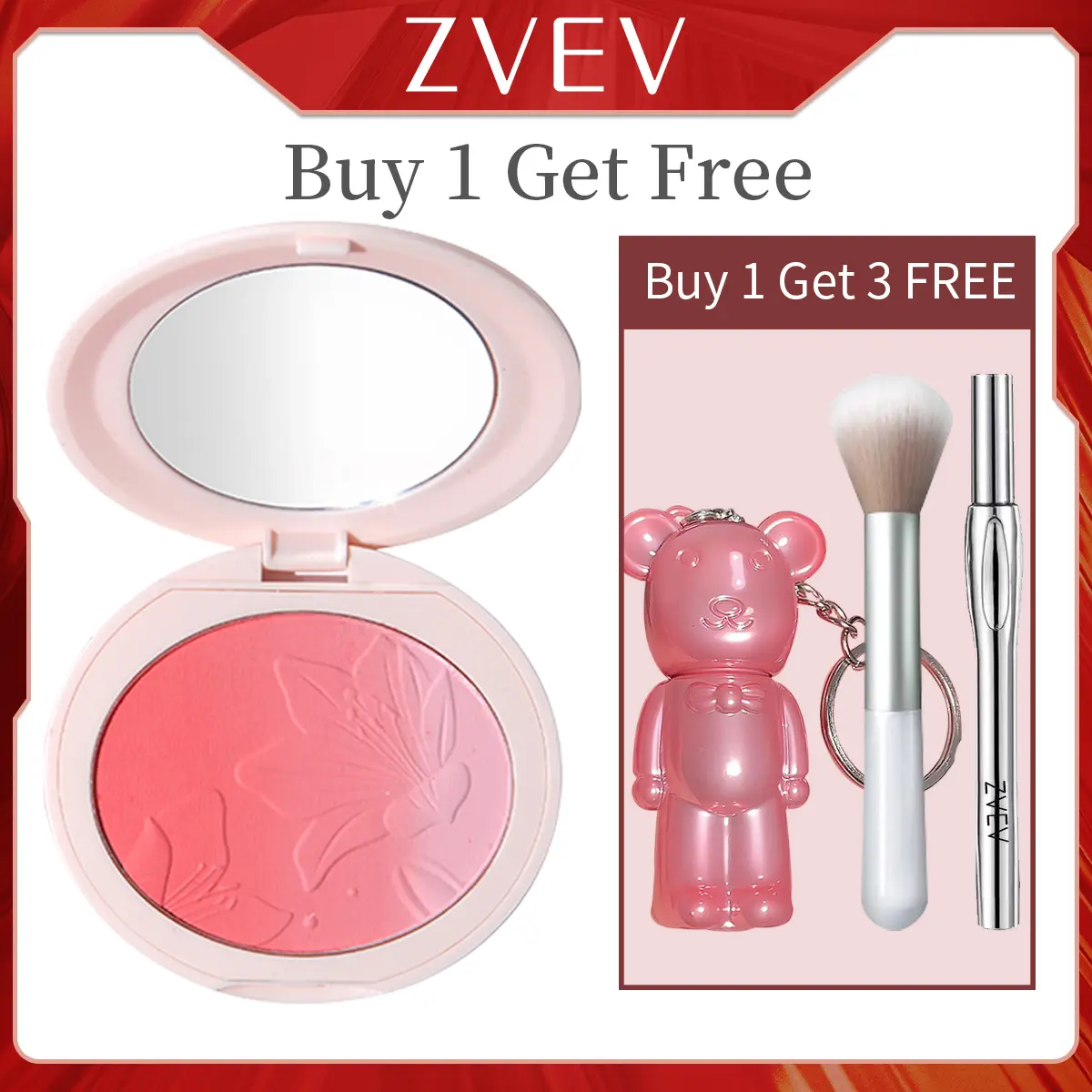【Buy 1 Get 3 FREE】ZVEV gradient powder blusher+pink silver bear lipstick+Eyebrow pencil+brush