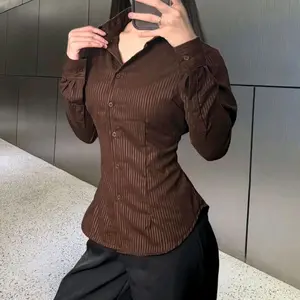 Kemeja Slim fit Wanita Lengan Panjang Garis Garis Kekinian Terbaru Kemeja Kerja Fitted Shirt