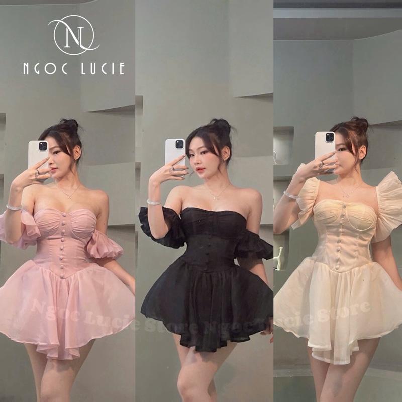 V20 - Đầm Ngắn Xoè Cúp (có mút) Tay Bồng Phối Nút Bọc Có Kèm Quần - Ngọc Lucie