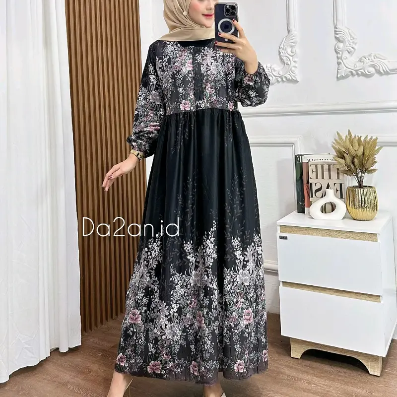 Midi Dress Flower Busui Friendly Santai A-Line Bunga Cantik Motif Nyaman Rayon Viscose Menyusui Muslim Zipper Gamis Dewasa Formal Ibu Karet Variasi Panjang Katun dress  vintage lebaran 3