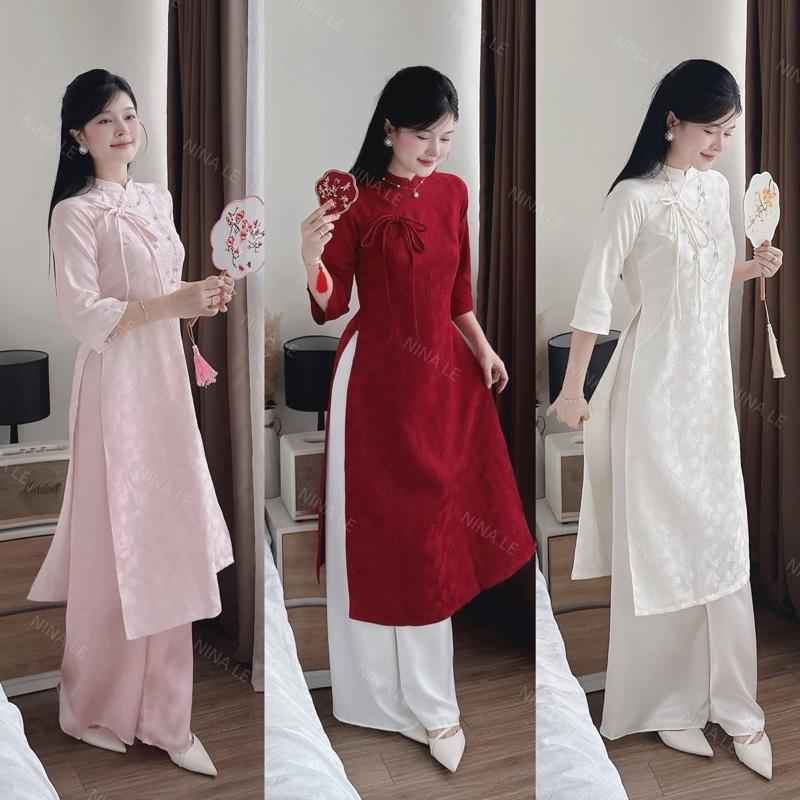  Áo Dài Cách Tân Gấm Hoa Mai Y72 Áo Dài Cổ Tàu may 2 tà phối nơ mặc Lễ Tết Lễ Chùa Ăn Cưới - Akara Closet 