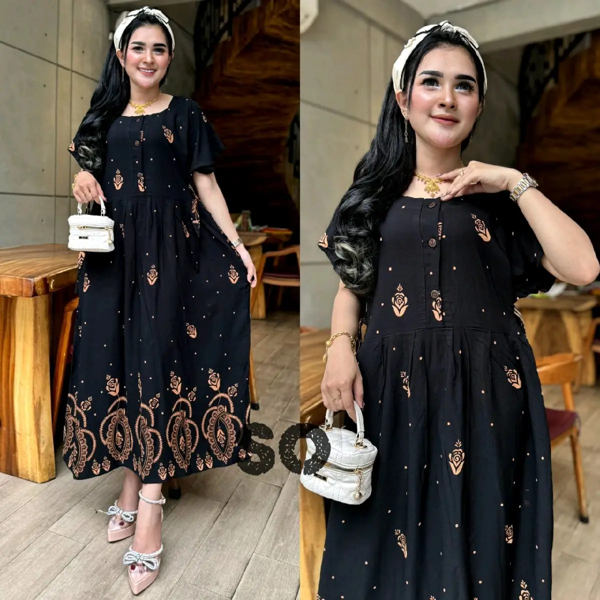 Daster wanita nyaman ibu hamil jumbo busui bumil kancing depan ld 120 bahan rayon adem daster kekinian terbaru Bumil Dress Rempel Tebal Menyusui Panjang Belah Samping Baju Santai Casual Midi Tidur