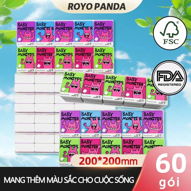 【60 Gói ROYOPANDA Khăn Giấy Bỏ Túi Quái Vật Mini 3 Lớp 200x200mm | Combo Giấy Ăn Du Lịch Cho Bé, Không Mùi, Không Cồn, An Toàn Chuẩn FDA Top Gia
