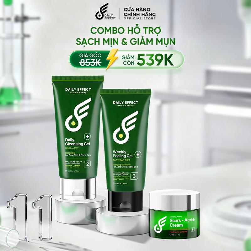 Combo Sữa Rửa Mặt + Tẩy Tế Bào Chết + Kem Chấm Mụn - DAILY EFFECT 120ml + 120ml + 10g