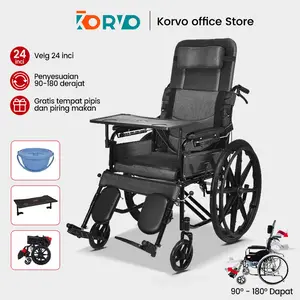 Kursi Roda 24 Inch, Sandaran Rebah 180° + Meja Portabel & Baskom Pispot Kursi Roda Lipat Portable Traveling Kursi Roda Medis