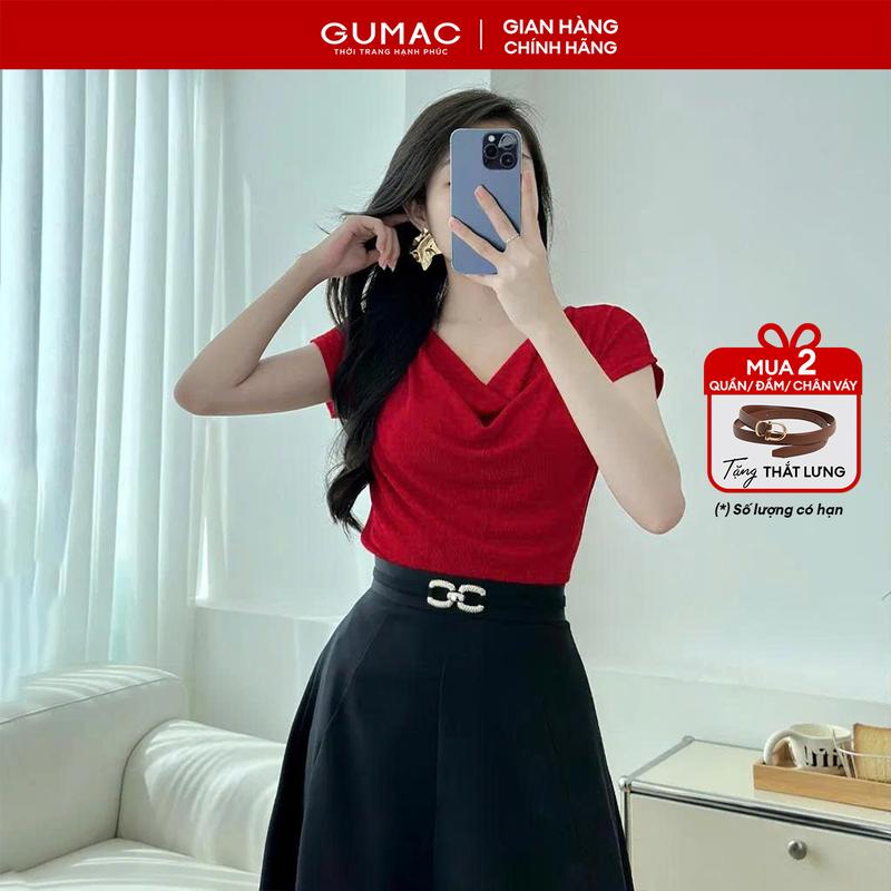   MUA 2 GIẢM THÊM 5%  Áo thun nữ thiết kế cổ đổ thun ánh nhung màu đen đỏ sang trọng dự tiệc thời trang GUMAC ATE01031 