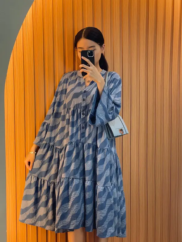 [NEW] Salattire Flora Midi Dress | Midi Dress Over Size Rayon Jaquat Motif Ombak Lengan Panjang Bordir Bunga Busui Cantik Gaun Ibu Katun Nyaman 0