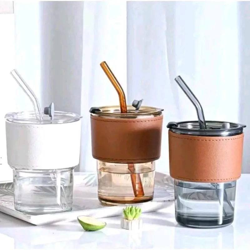 TUMBLER GELAS KACA AESTHETIC BOTTLE CUP SIMPLE 400ML FREE STRAW GLASS 0