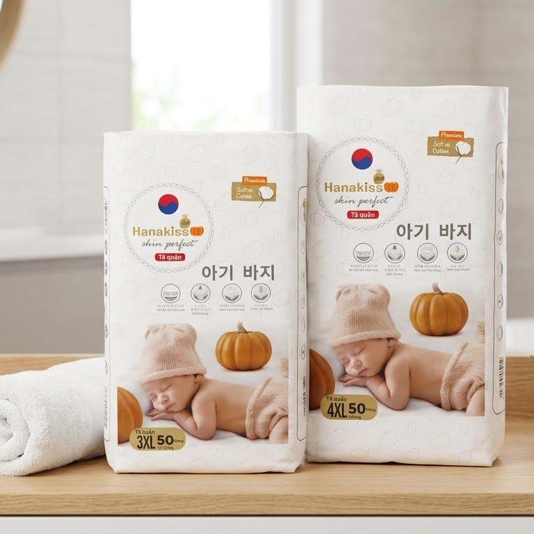 HANAKISS Combo 2 bịch 100 miếng tã bỉm quần trẻ em, Mềm mỏng nhẹ, thấm hút tốt với chiết suất tinh chất bí ngô chống hăm hiệu quả