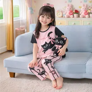 Setelan Baju Tidur Harian Piyama Anak Perempuan Lengan Pendek Celana Panjang Kaos Katun Fashion Ukuran 6-16