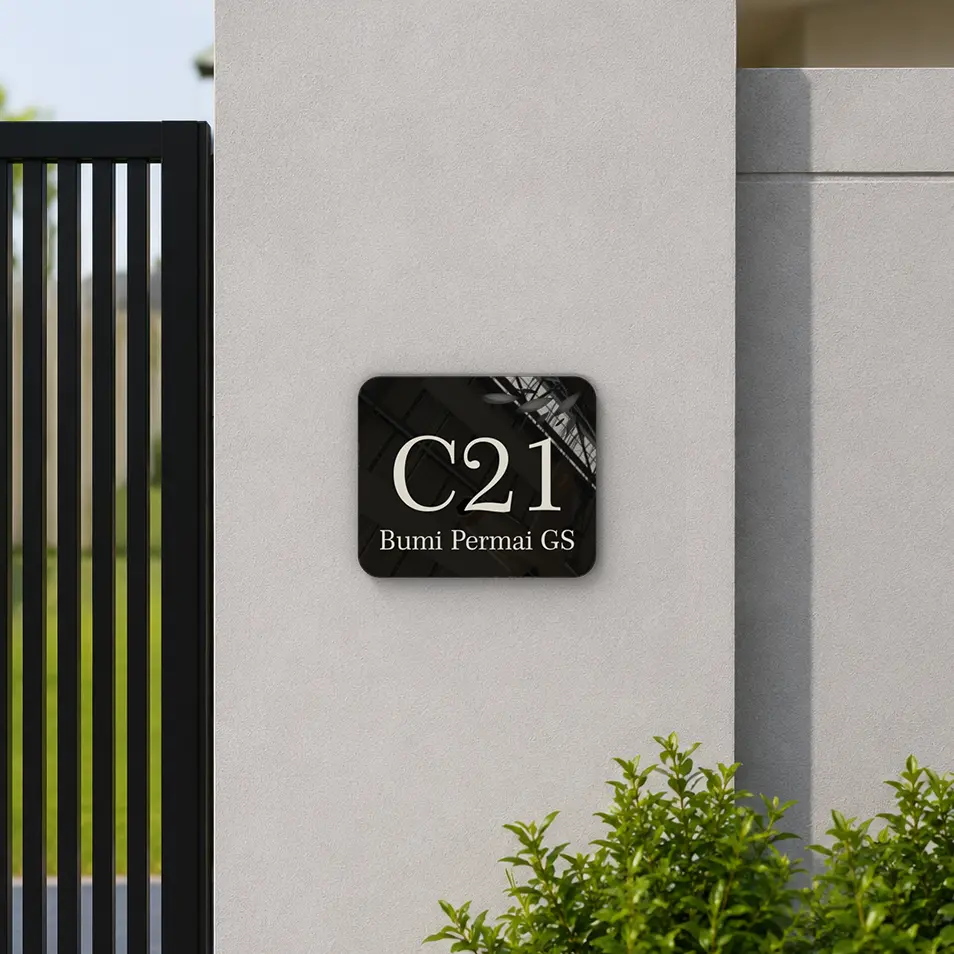 Nomor Rumah Akrilik Custom Text & Nomor Ukuran 12x10 cm Motif Daun Minimalis Good Sign