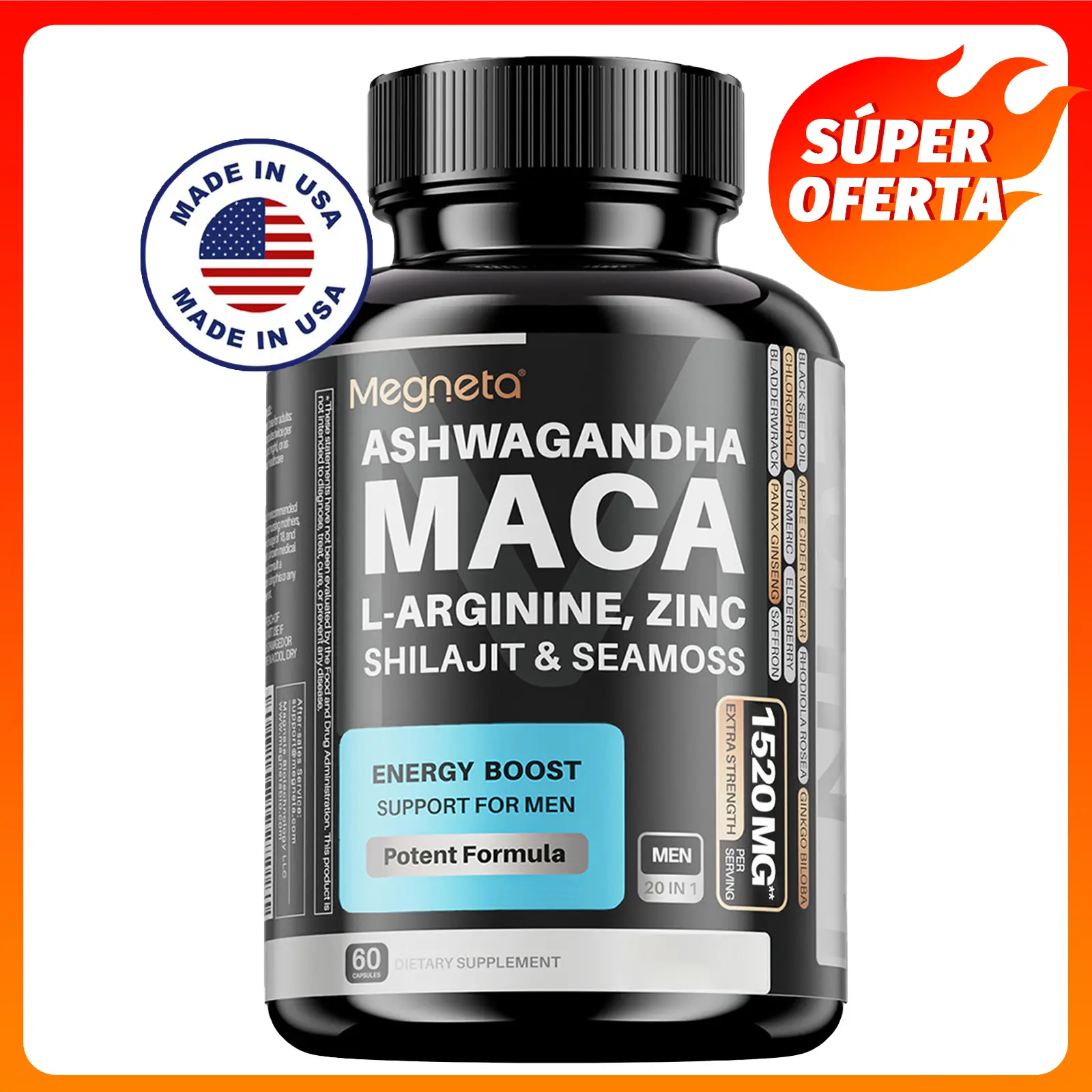 Suplemento para Hombres con Maca, Ashwagandha, Sea Moss, Shilajit, L-Arginina y L-Citrulina – Vitalidad, Energía y Bienestar Diario – Hecho en EE. UU. – 60 Cápsulas