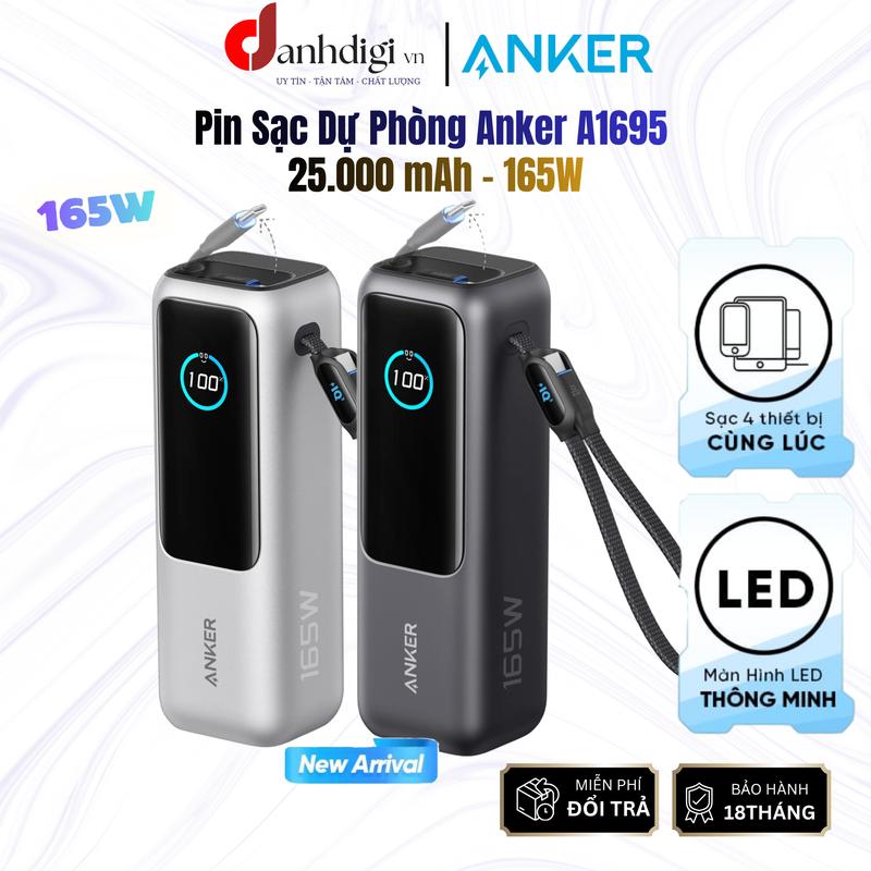 Pin sạc dự phòng Anker Zolo A1695 25000mAh 165W tích hợp cáp Type-C rút gọn power bank - Bảo hành 18 tháng