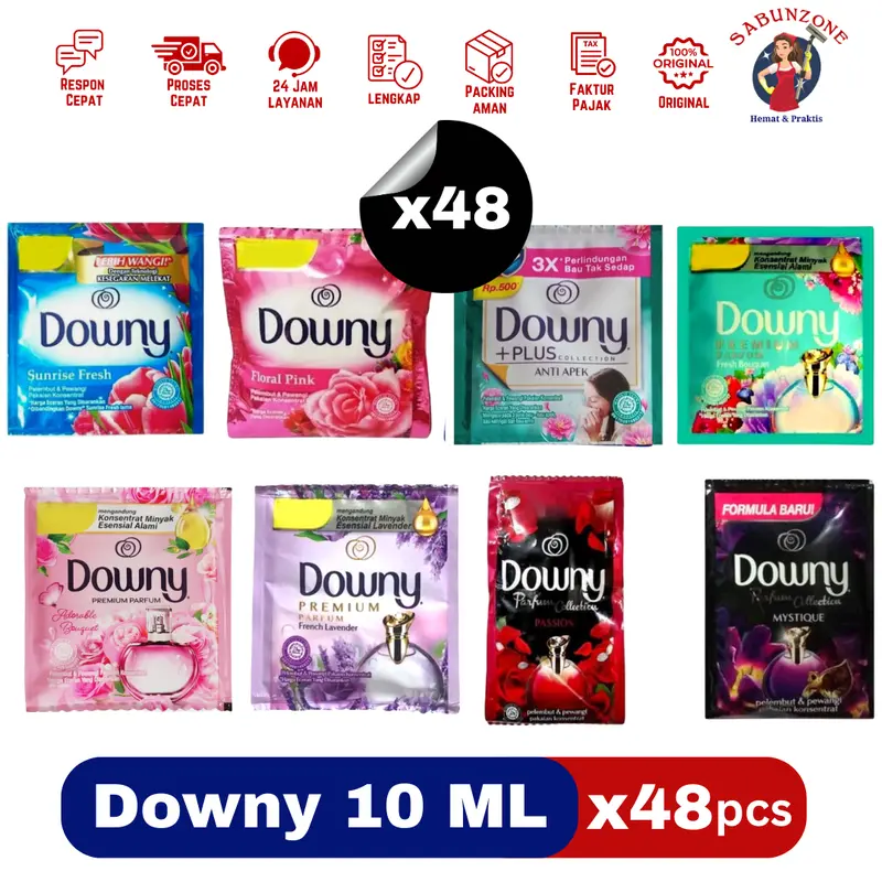 48 Pcs Downy 10 ml Paket Murah Pewangi & Pelembut Pakaian Downy Sunrise Fresh \ Floral Pink \ Sports Fresh \ Fresh Bouquet \ Adorable Bouquet \ French Lavender \ Passion \ Mystique \ Anti Apek Renceng 0