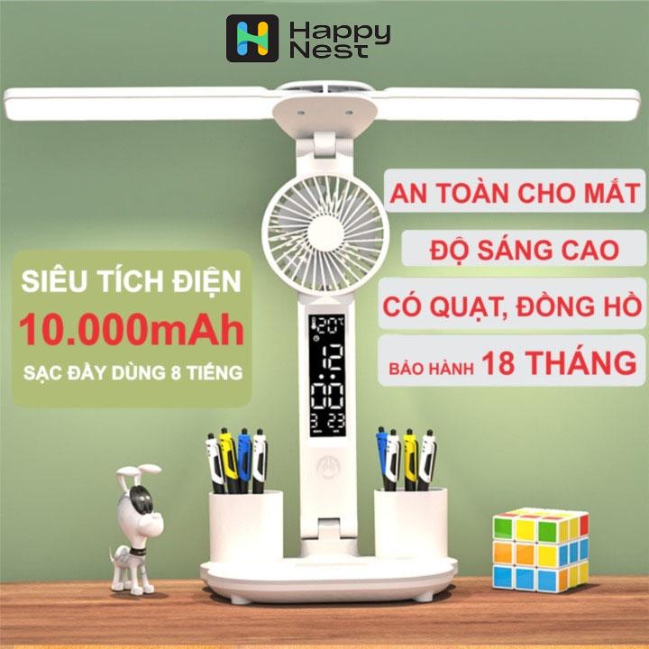 Đèn học chống cận để bàn HAPPYNESTSHOP 2 thanh LED pin tích điện 10.000mAh, có đồng hồ quạt & đựng bút