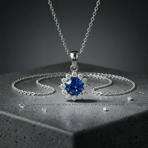 Kalung Liontin Blue Sapphire Halo Mewah – Suasa Asli, Gold/Rosegold/Silver | JND Jewellery