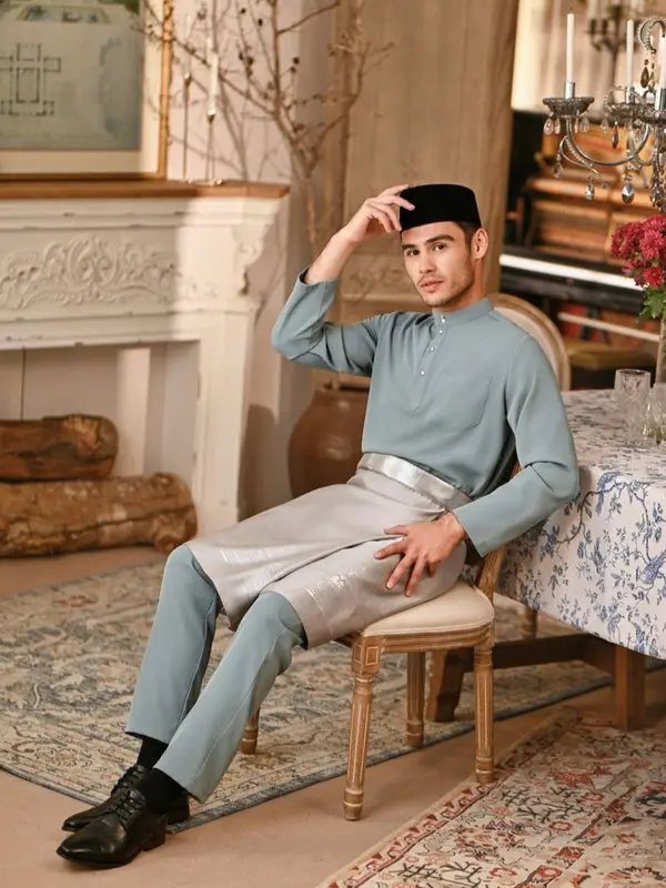 Satu Set Baju Celana dan kain songket/rumpak Teluk Belanga Cekak Musang Pria Melayu Kurung Setelan Pakaian Adat Malaysia Riau Koko Dewasa 3