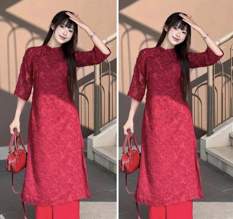  Sét áo dài nữ chất tơ lông 2 lớp thiết kế cổ tàu đính nơ kèm quần lụa suông dài trẻ trung thích hợp mặc dịp tết 