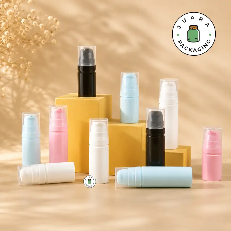 Botol Pump Airless Mini 5ml 10ml 15ml – Wadah Skincare Lotion Serum Kosmetik Kecil Import Tebal Plastik Warna Pink Putih Biru Hitam Botol Isi Ulang Elegan Anti Bocor Premium